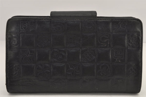 Authentic CHANEL Icon Line Calf Skin CC Bifold Long Wallet Purse Black 2934K