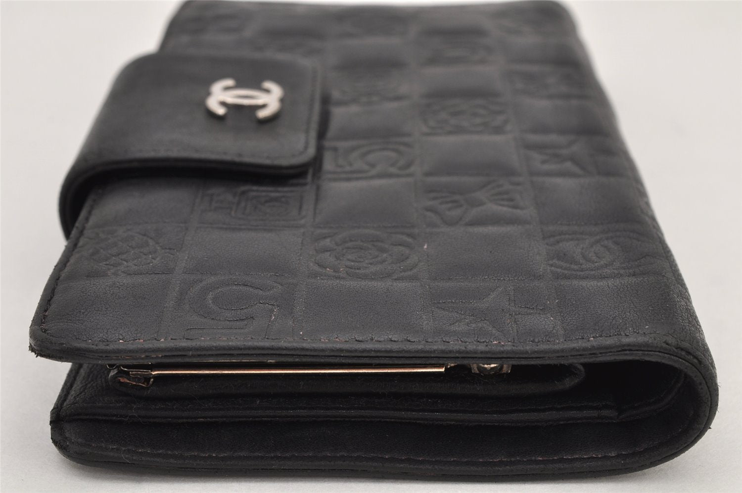 Authentic CHANEL Icon Line Calf Skin CC Bifold Long Wallet Purse Black 2934K