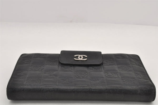 Authentic CHANEL Icon Line Calf Skin CC Bifold Long Wallet Purse Black 2934K