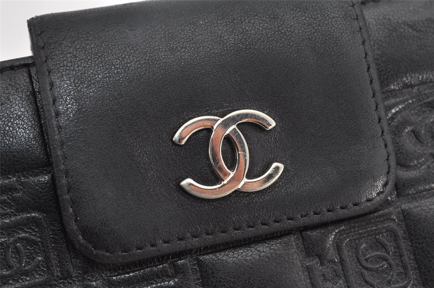 Authentic CHANEL Icon Line Calf Skin CC Bifold Long Wallet Purse Black 2934K