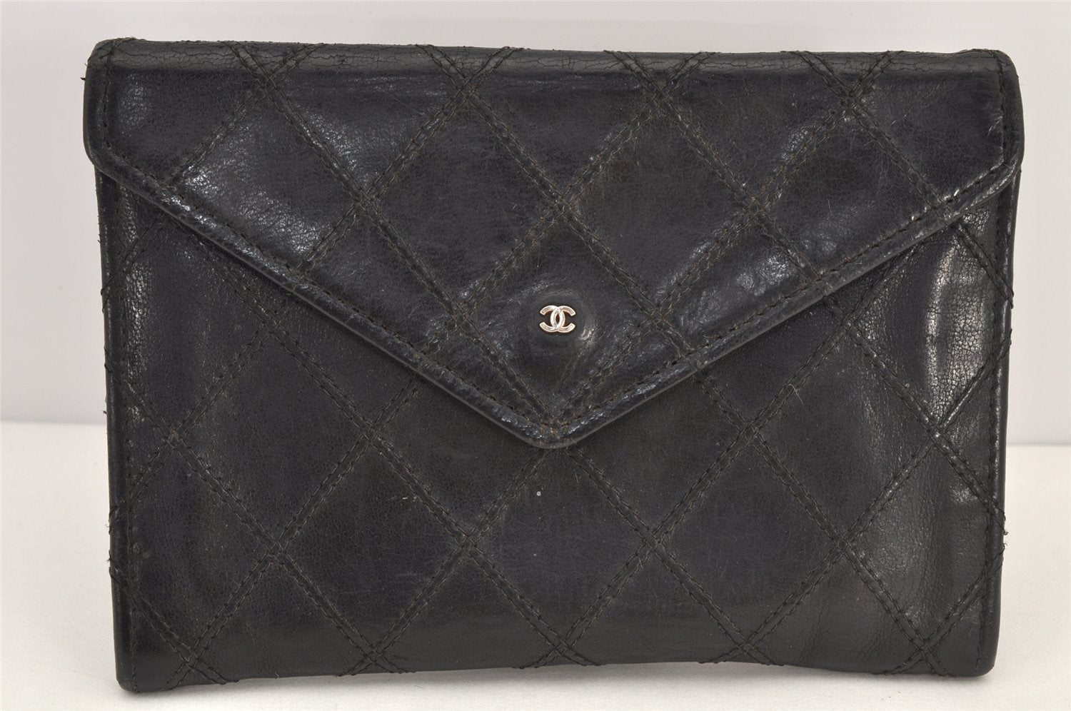 Authentic CHANEL Calf Skin Bicolore Vintage Coin Card Case Purse Black CC 2939K