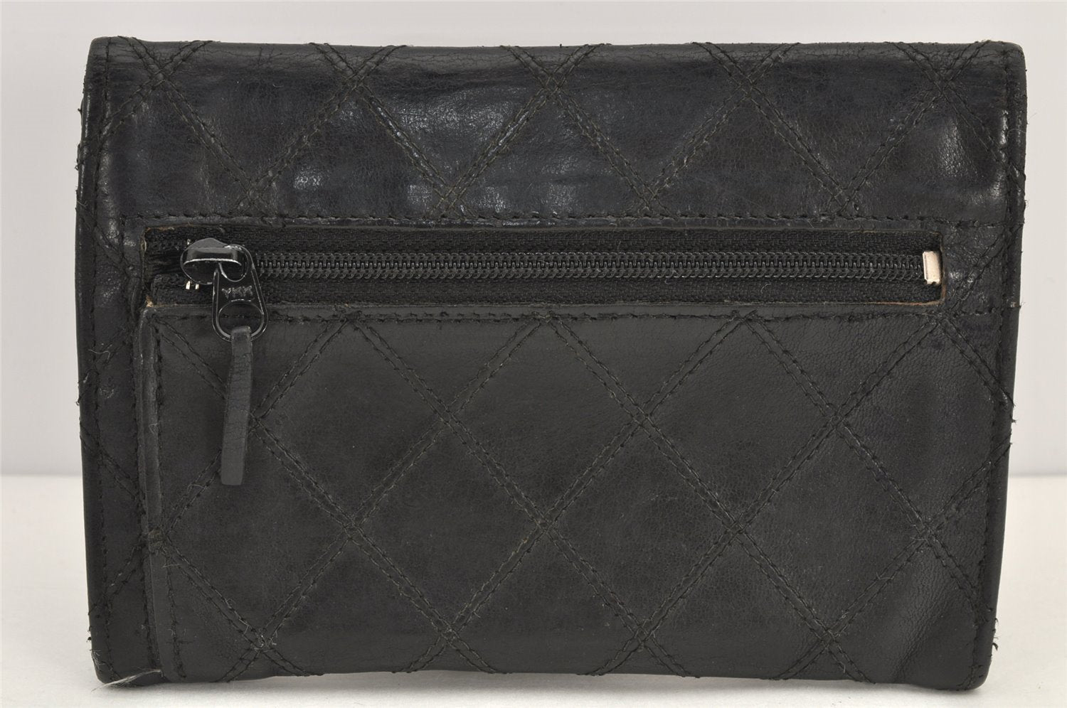 Authentic CHANEL Calf Skin Bicolore Vintage Coin Card Case Purse Black CC 2939K