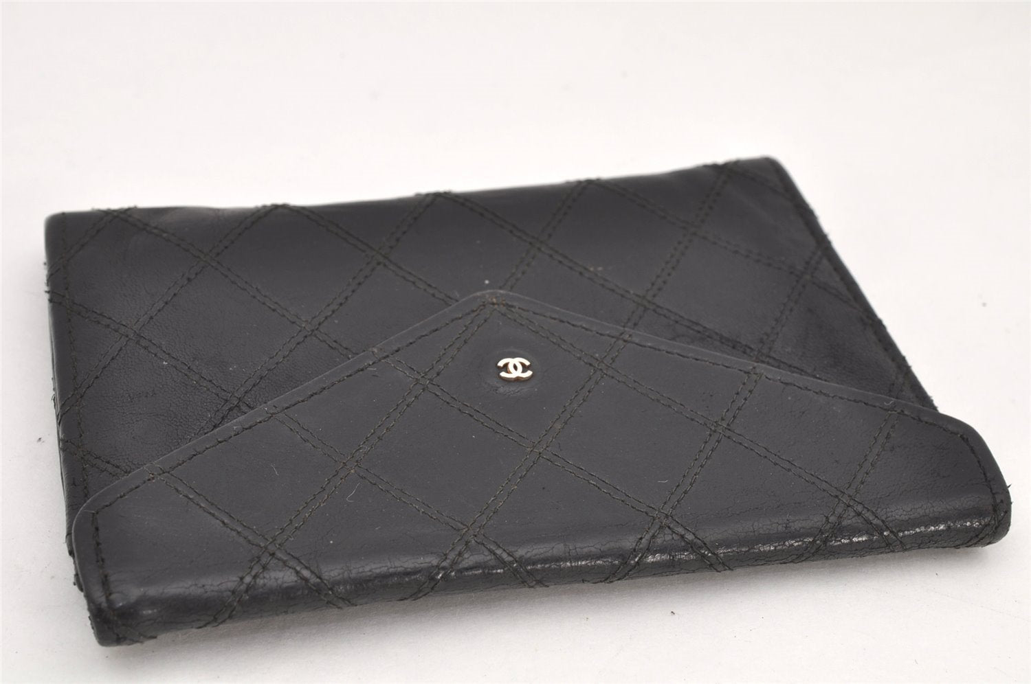 Authentic CHANEL Calf Skin Bicolore Vintage Coin Card Case Purse Black CC 2939K