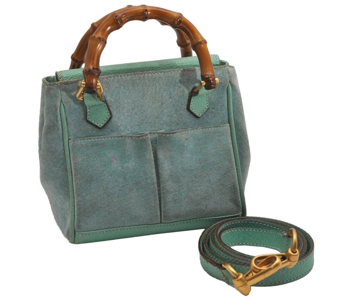 Authentic GUCCI Bamboo 2Way Shoulder Hand Bag Suede Leather Light Blue 2951J