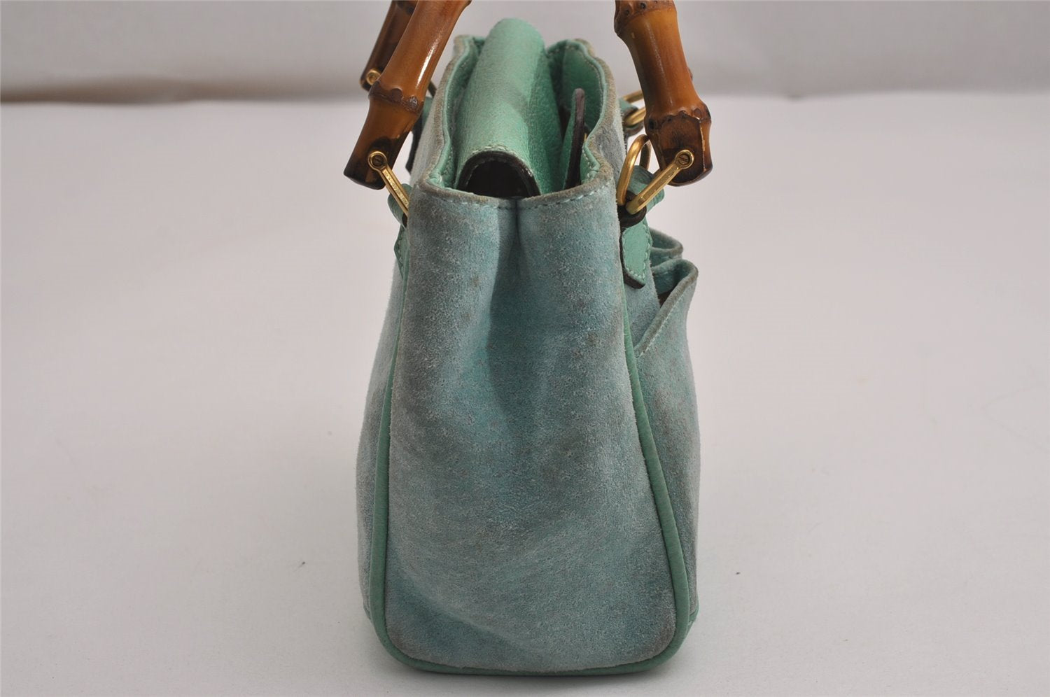 Authentic GUCCI Bamboo 2Way Shoulder Hand Bag Suede Leather Light Blue 2951J