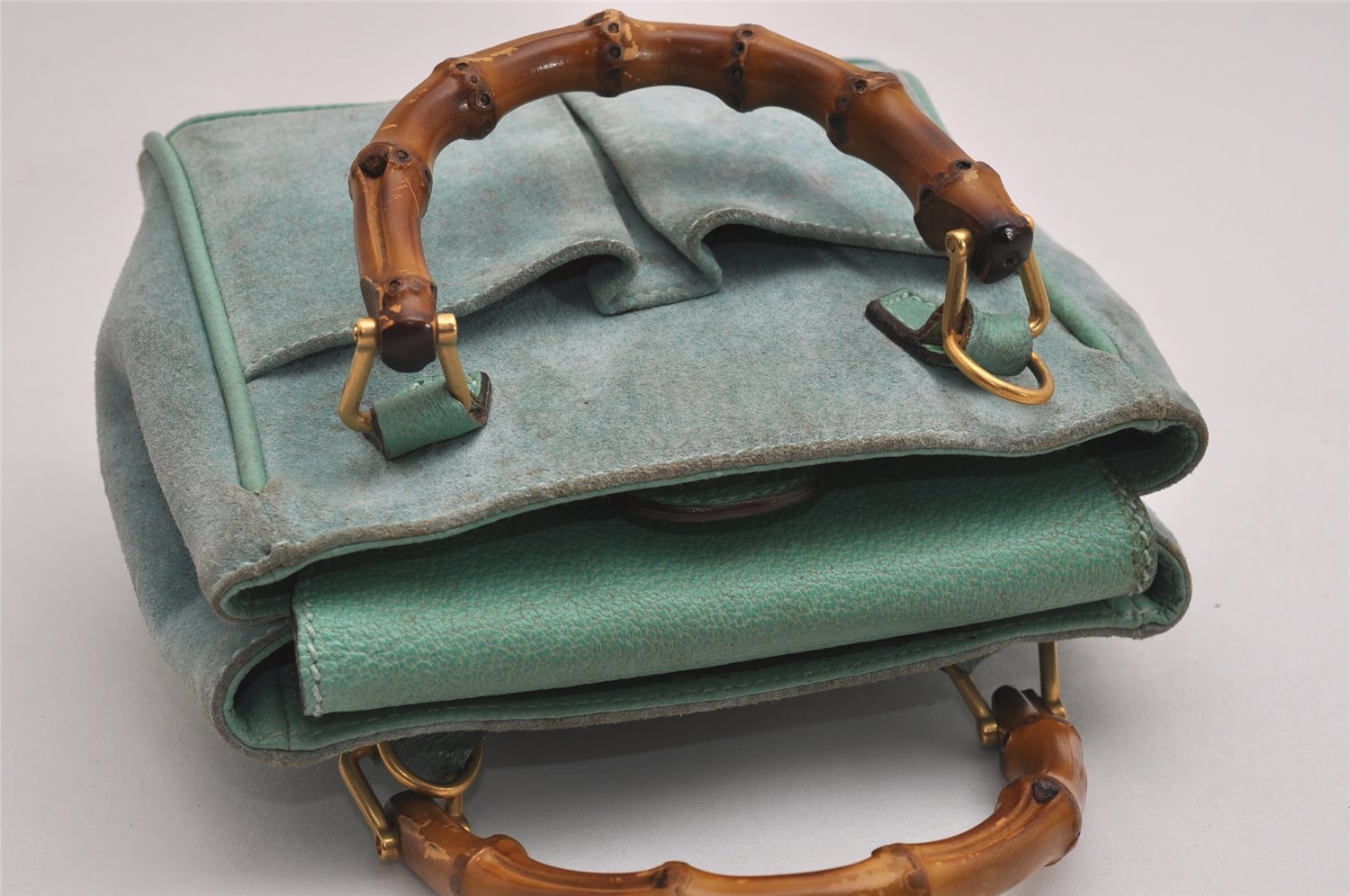 Authentic GUCCI Bamboo 2Way Shoulder Hand Bag Suede Leather Light Blue 2951J