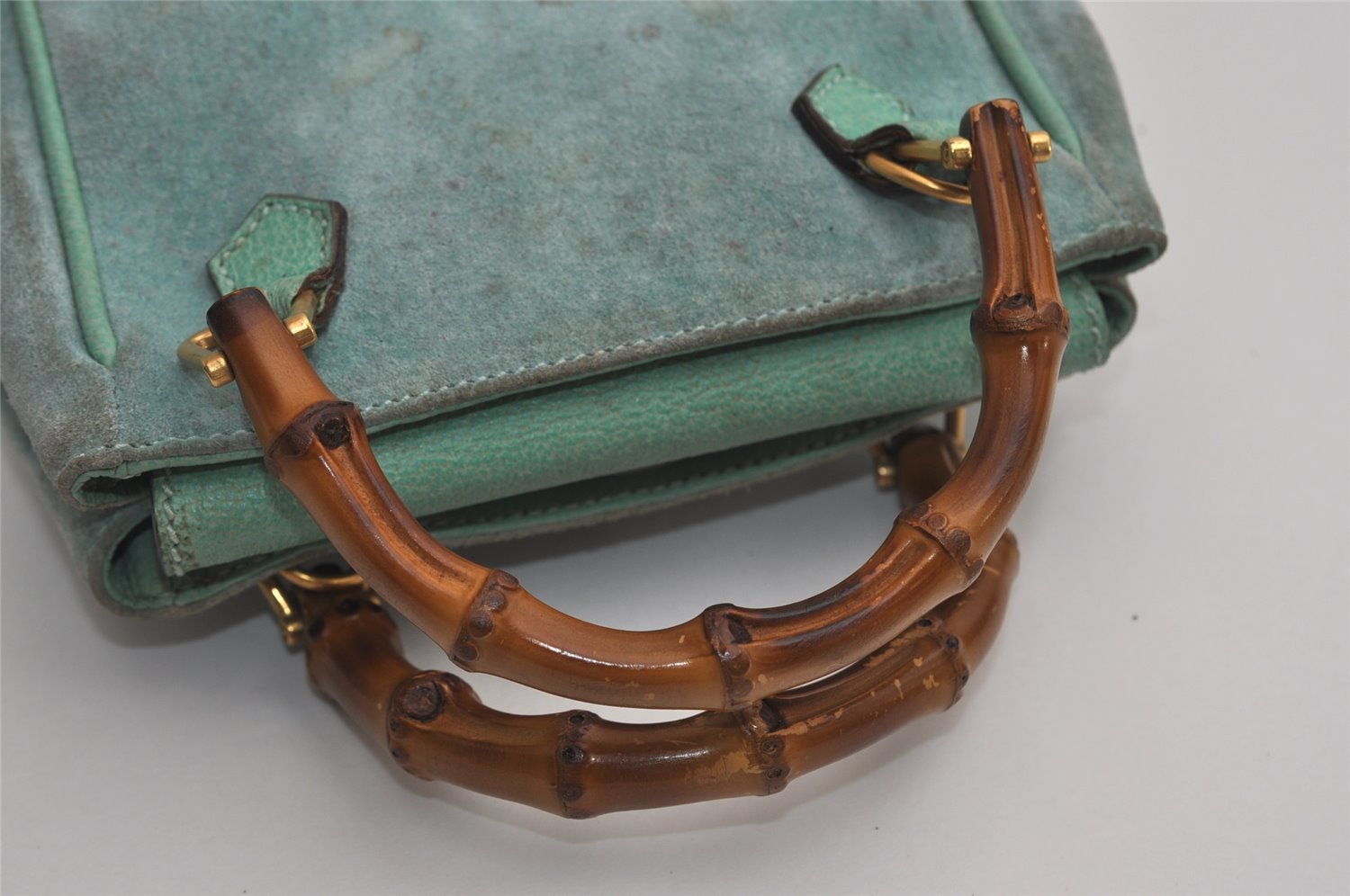 Authentic GUCCI Bamboo 2Way Shoulder Hand Bag Suede Leather Light Blue 2951J