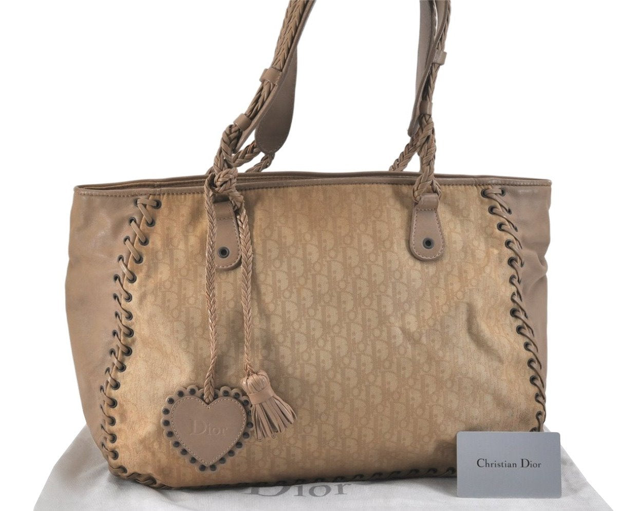 Authentic Christian Dior Trotter Ethnic Tote Bag Canvas Leather Beige CD 2955K