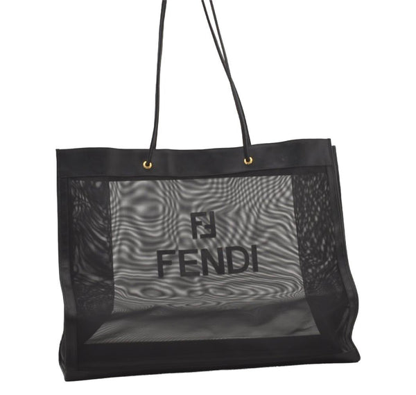 Authentic FENDI Vintage Logo Mesh Leather Shoulder Tote Bag Black 2958J