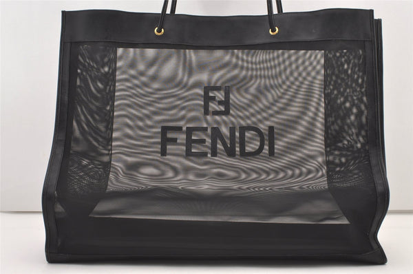 Authentic FENDI Vintage Logo Mesh Leather Shoulder Tote Bag Black 2958J