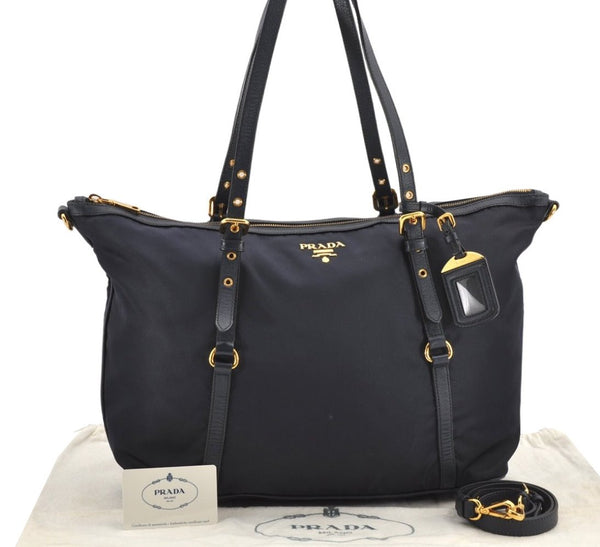 Authentic PRADA Tessuto Saffiano Nylon Leather 2Way Tote Bag BR4253 Navy 2958K