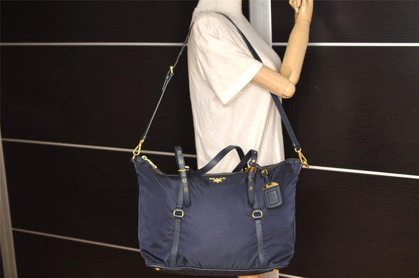 Authentic PRADA Tessuto Saffiano Nylon Leather 2Way Tote Bag BR4253 Navy 2958K