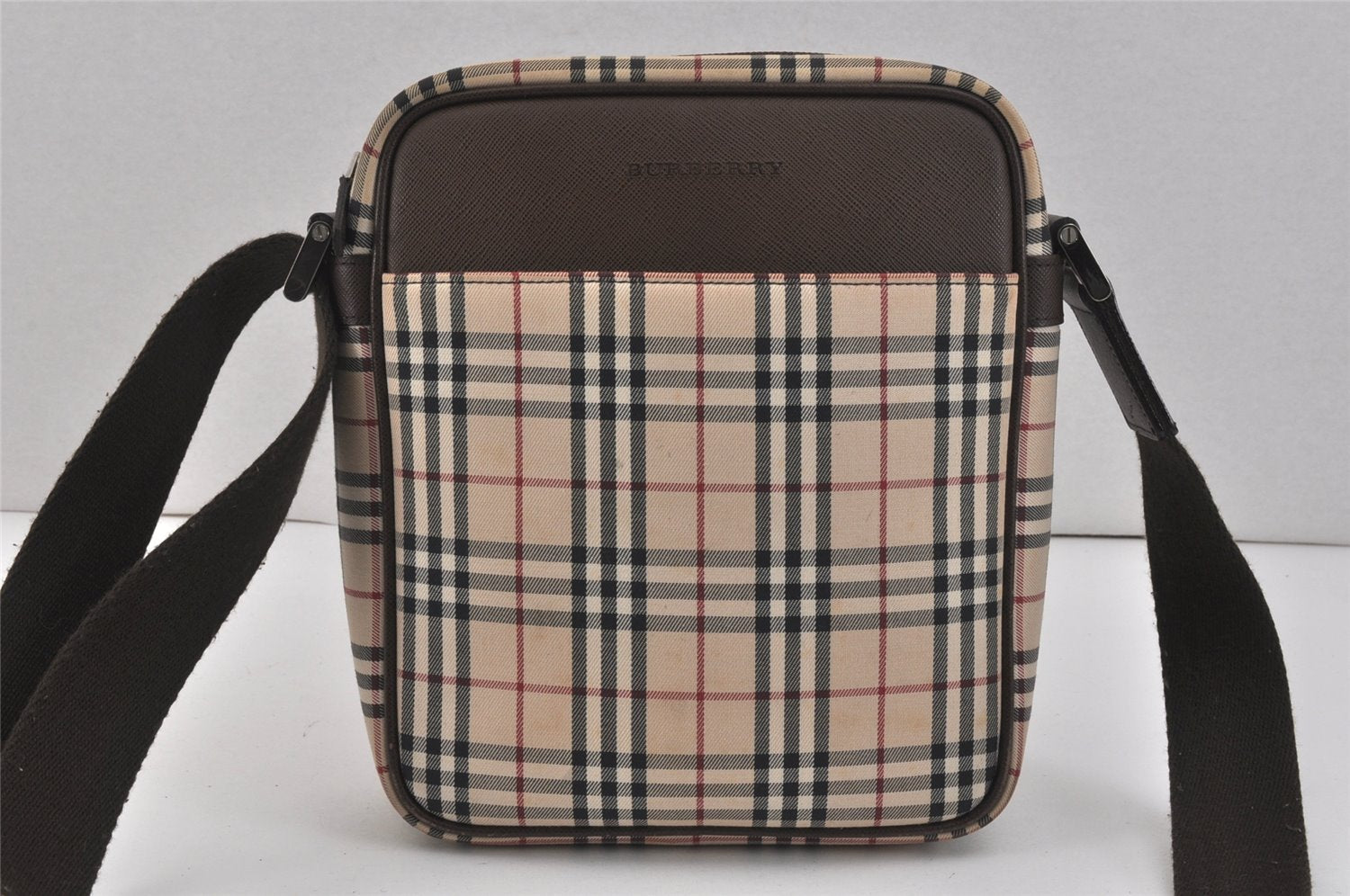 Authentic BURBERRY Nova Check Shoulder Cross Body Bag Nylon Leather Beige 2985K