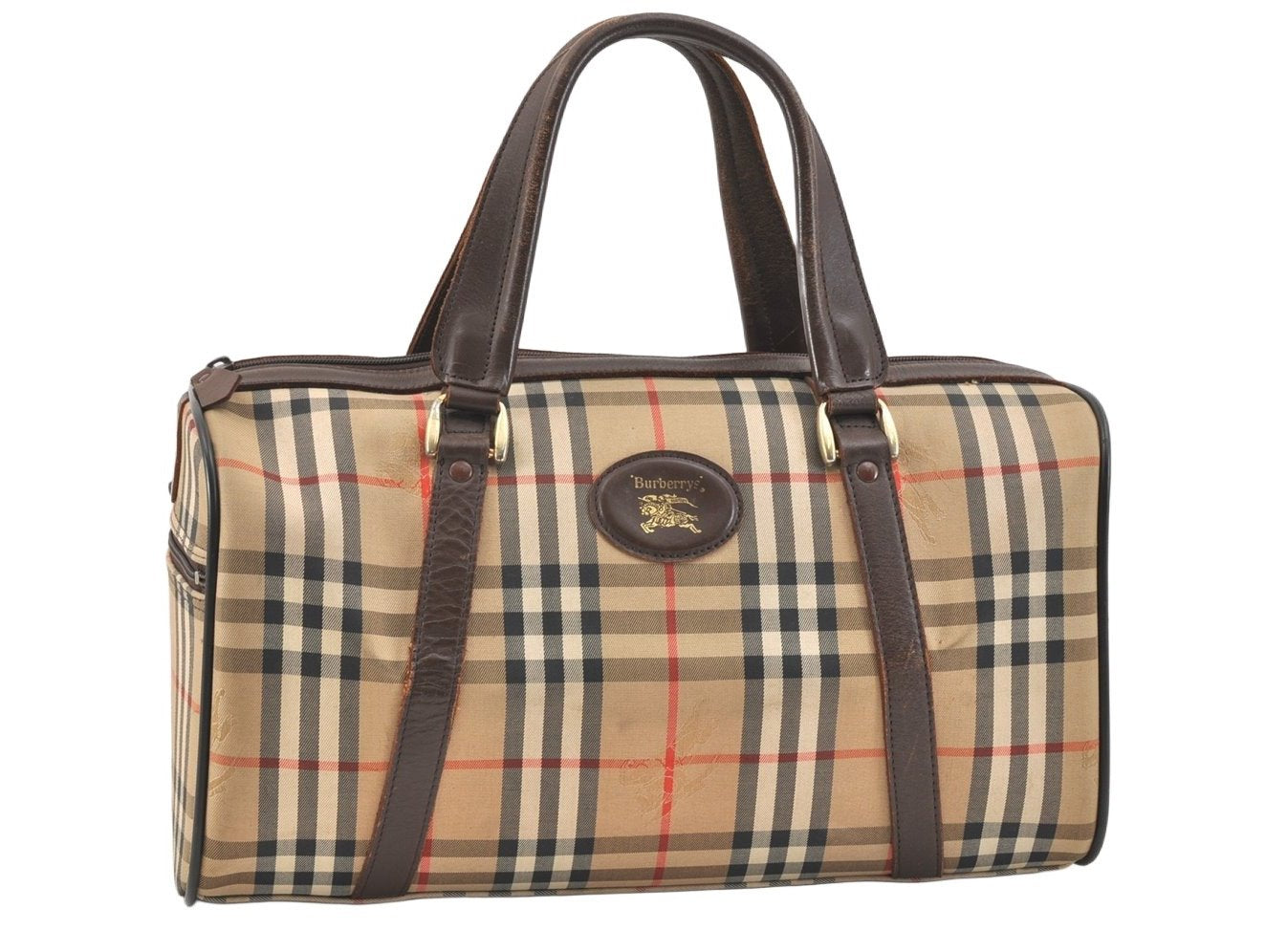 Authentic Burberrys Nova Check Canvas Leather Hand Boston Bag Brown Beige 2986K