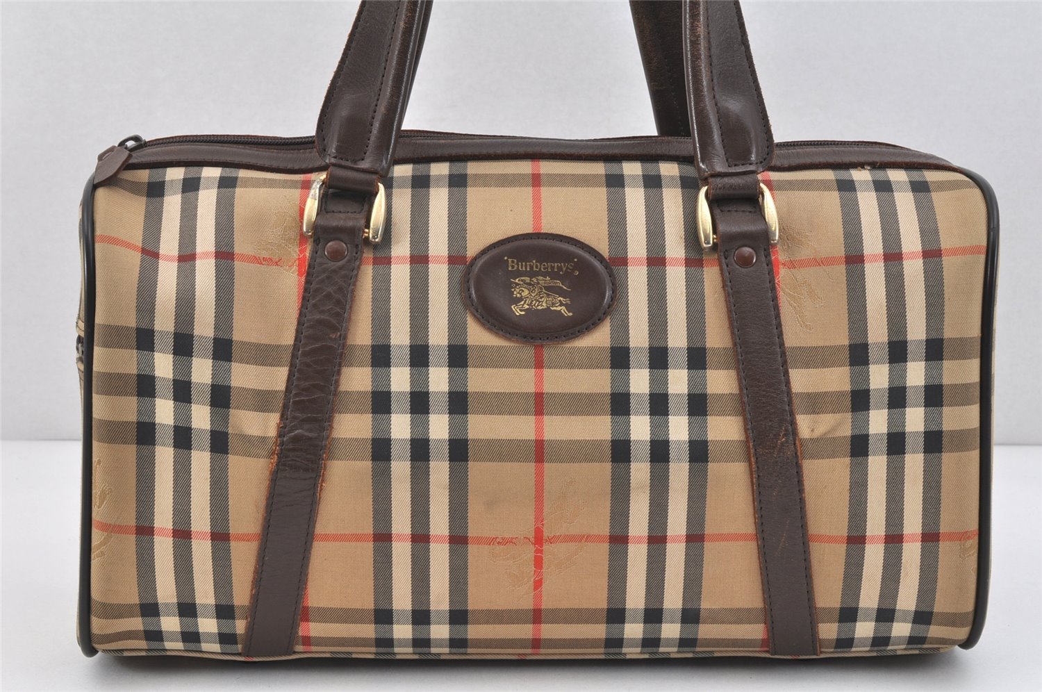 Authentic Burberrys Nova Check Canvas Leather Hand Boston Bag Brown Beige 2986K
