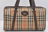 Authentic Burberrys Nova Check Canvas Leather Hand Boston Bag Brown Beige 2986K