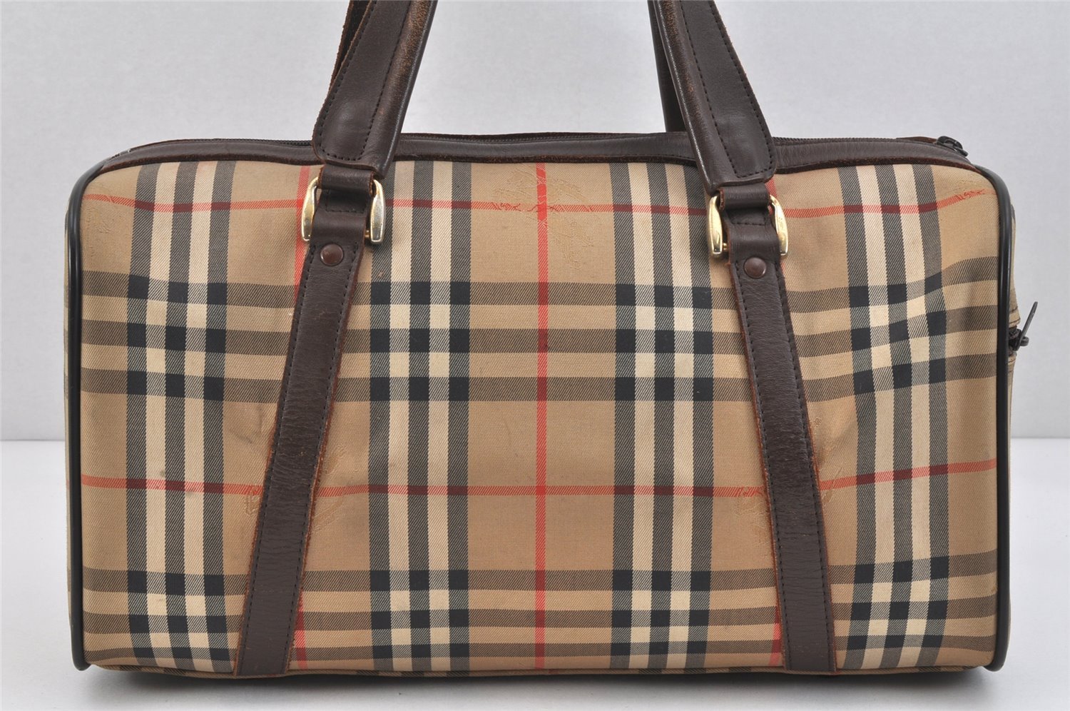 Authentic Burberrys Nova Check Canvas Leather Hand Boston Bag Brown Beige 2986K