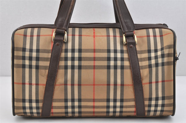 Authentic Burberrys Nova Check Canvas Leather Hand Boston Bag Brown Beige 2986K