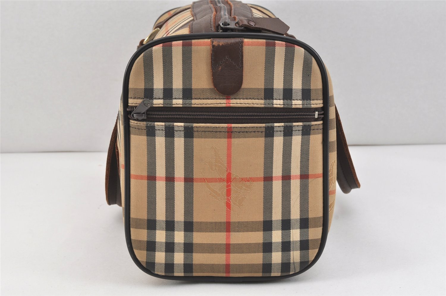 Authentic Burberrys Nova Check Canvas Leather Hand Boston Bag Brown Beige 2986K