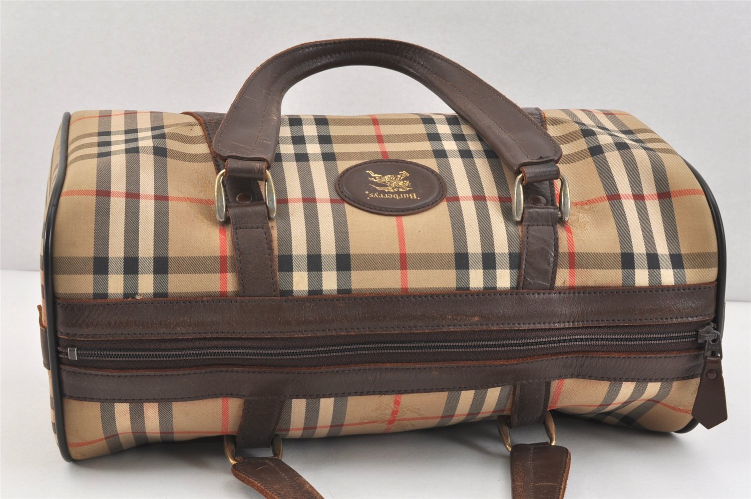 Authentic Burberrys Nova Check Canvas Leather Hand Boston Bag Brown Beige 2986K