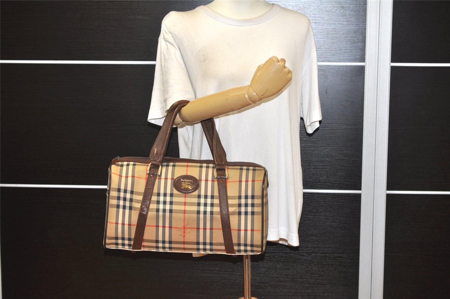 Authentic Burberrys Nova Check Canvas Leather Hand Boston Bag Brown Beige 2986K