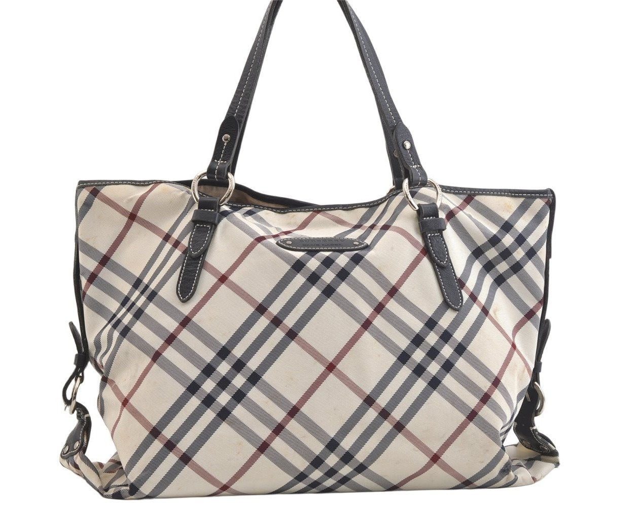 Authentic BURBERRY BLUE LABEL Check Shoulder Tote Bag Nylon Leather White 2990K