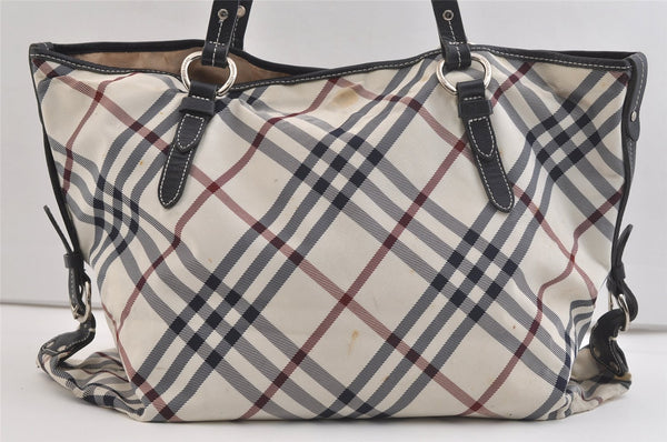 Authentic BURBERRY BLUE LABEL Check Shoulder Tote Bag Nylon Leather White 2990K