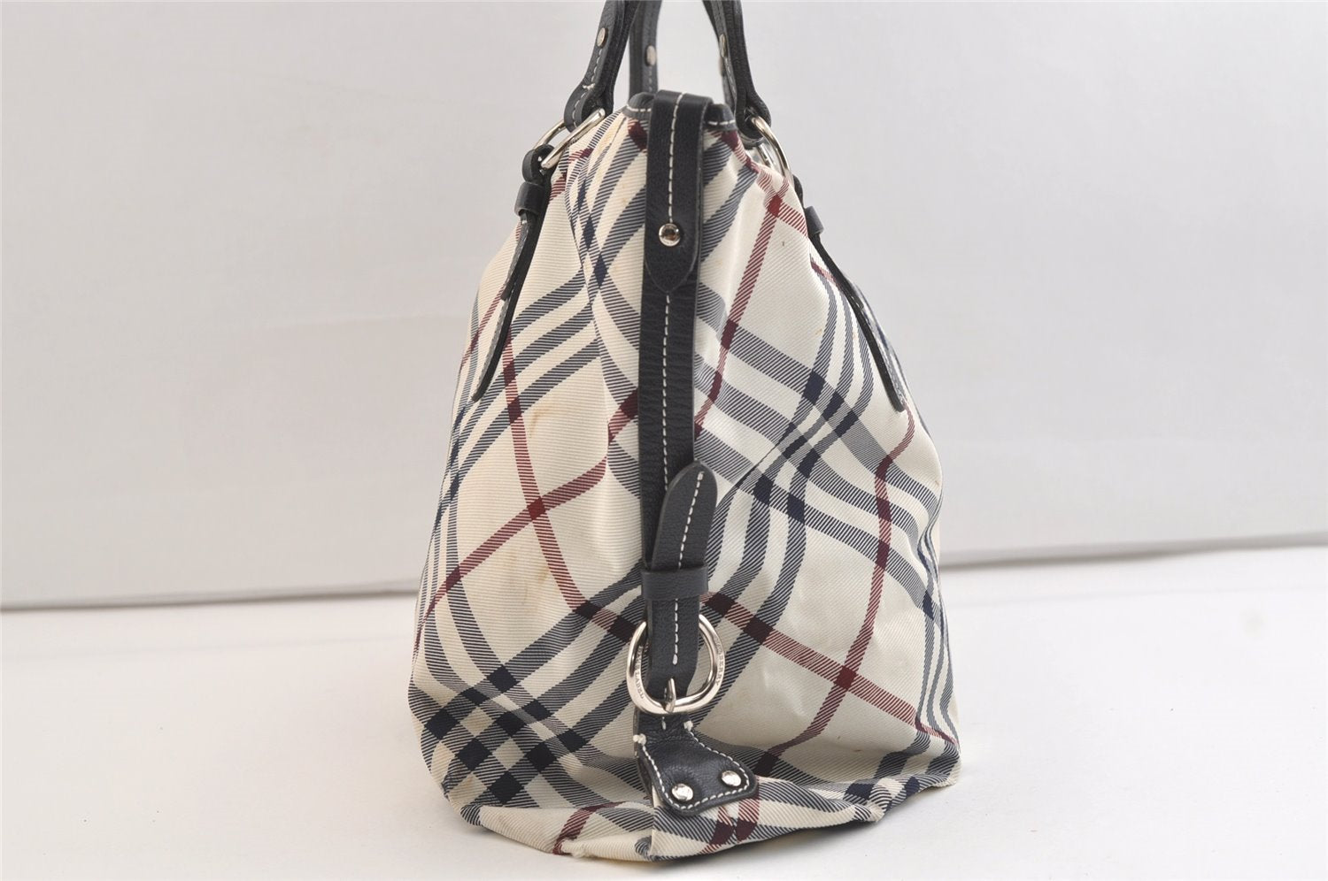 Authentic BURBERRY BLUE LABEL Check Shoulder Tote Bag Nylon Leather White 2990K