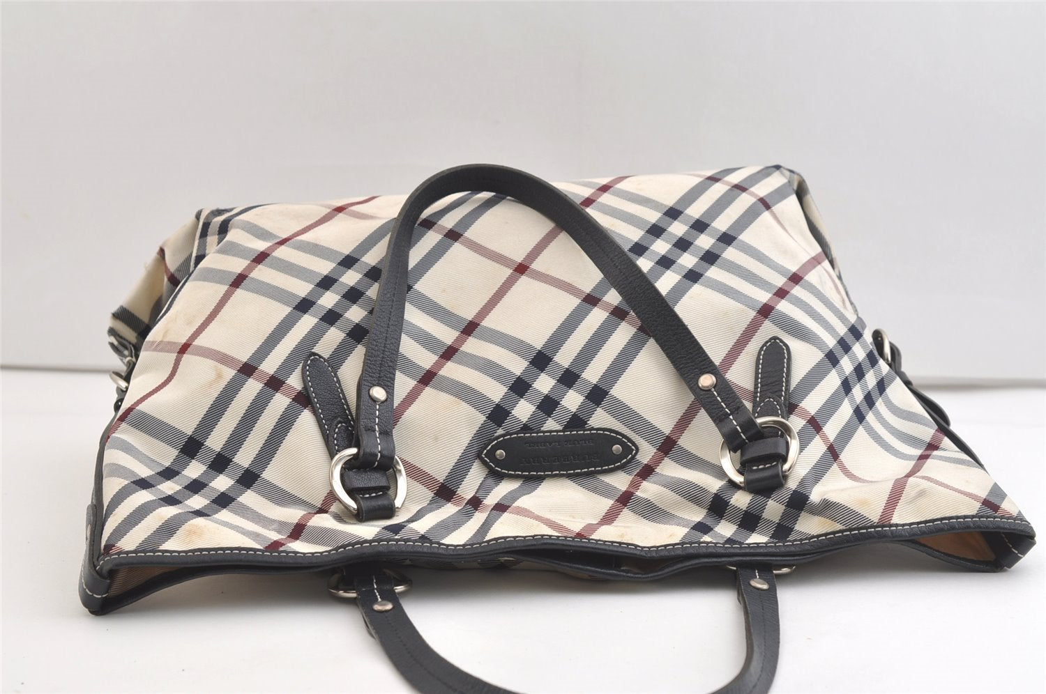 Authentic BURBERRY BLUE LABEL Check Shoulder Tote Bag Nylon Leather White 2990K