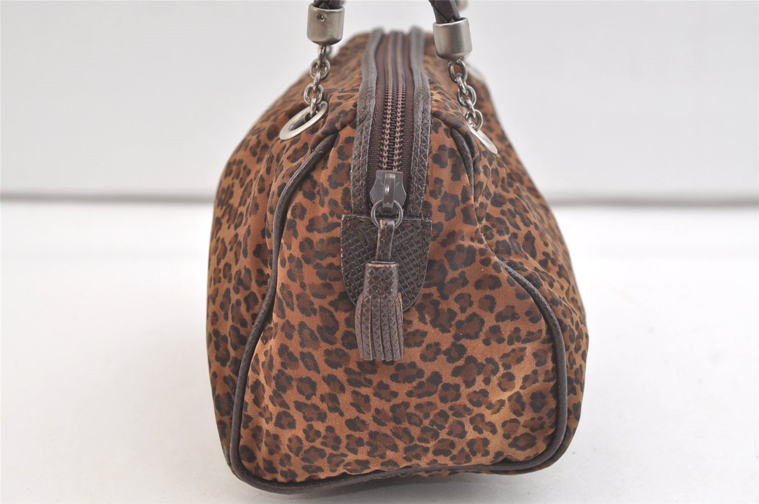 Authentic BOTTEGA VENETA Leopard Pattern Nylon Leather Hand Bag Brown 2991K