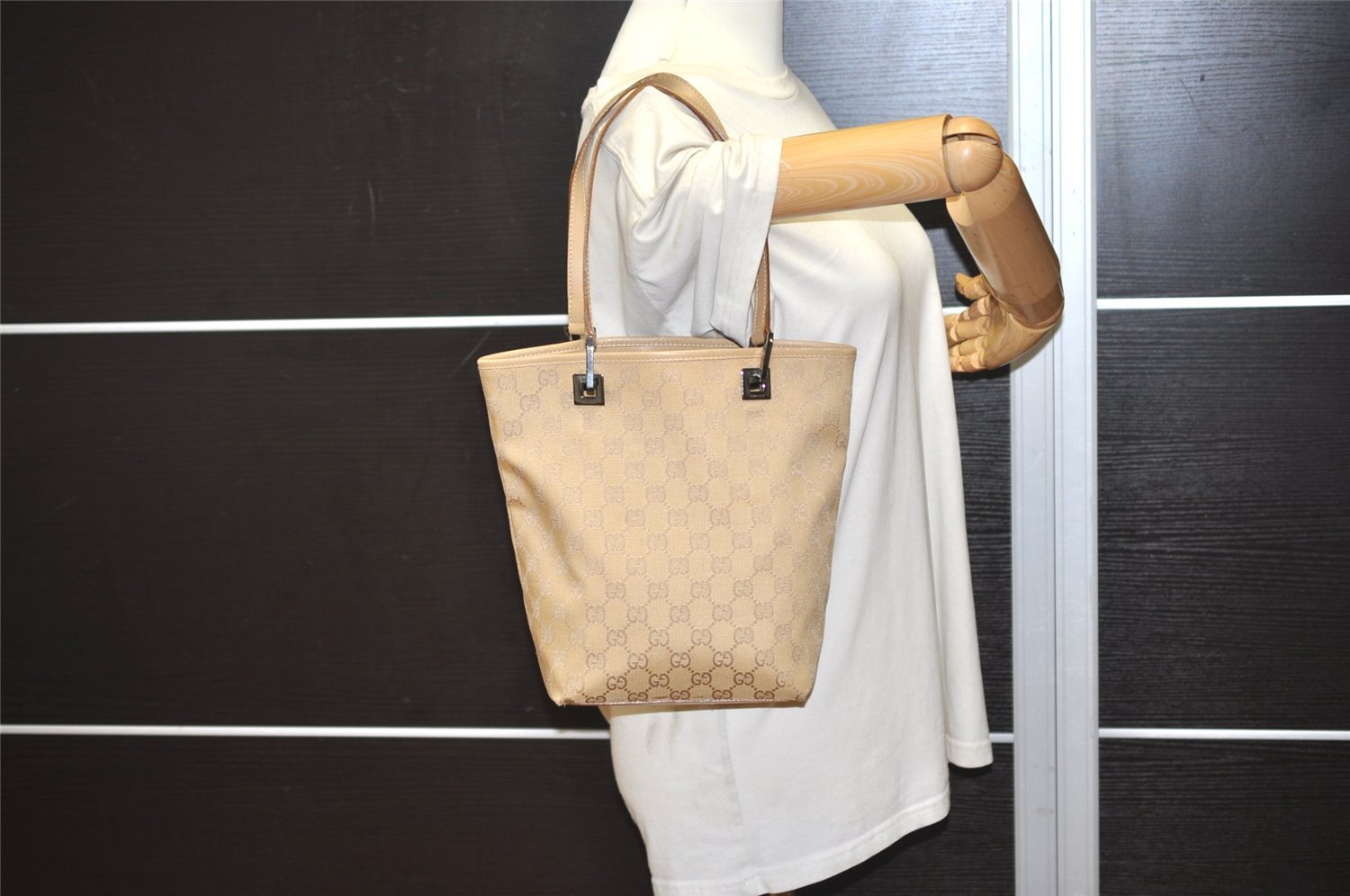Authentic GUCCI Vintage Shoulder Tote Bag GG Canvas Leather 31244 Beige 2997J