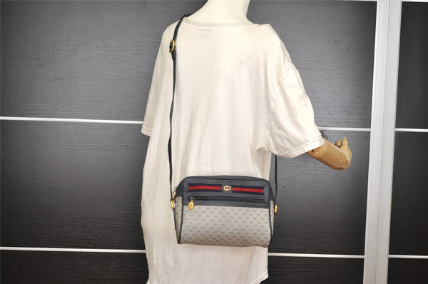 Authentic GUCCI Sherry Line Micro GG Shoulder Bag PVC Leather Navy Junk 2999I
