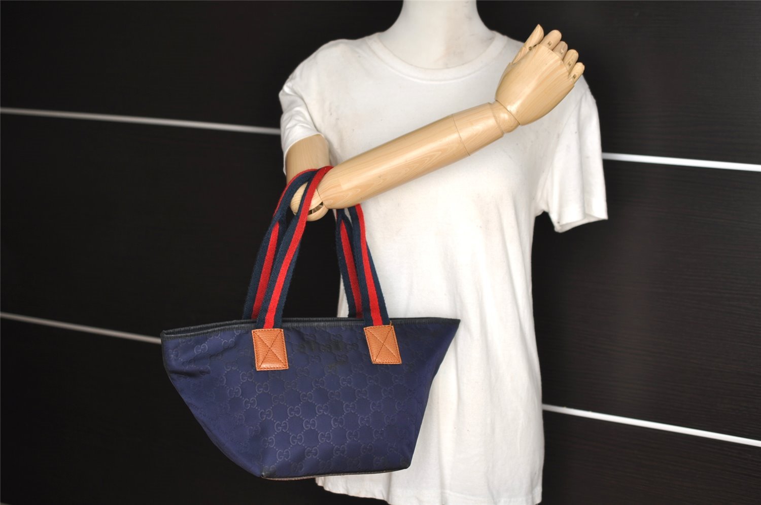 Authentic GUCCI Sherry Line Shoulder Tote Bag GG Nylon Leather 374433 Navy 3000I