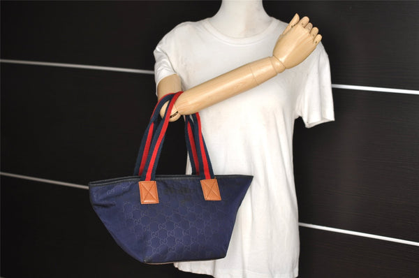 Authentic GUCCI Sherry Line Shoulder Tote Bag GG Nylon Leather 374433 Navy 3000I