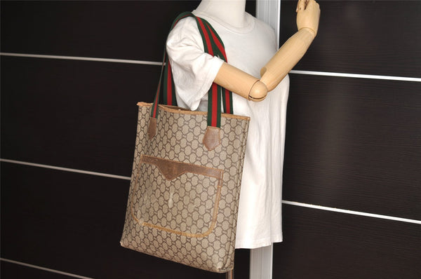 Authentic GUCCI Web Sherry Line GG Plus Tote Bag PVC Leather Brown 3001I