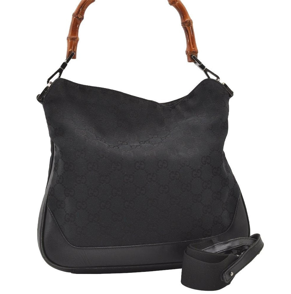 Authentic GUCCI Bamboo 2way Hand Bag GG Canvas Leather 0014095 Black 3001J