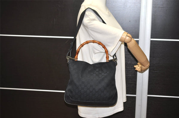 Authentic GUCCI Bamboo 2way Hand Bag GG Canvas Leather 0014095 Black 3001J