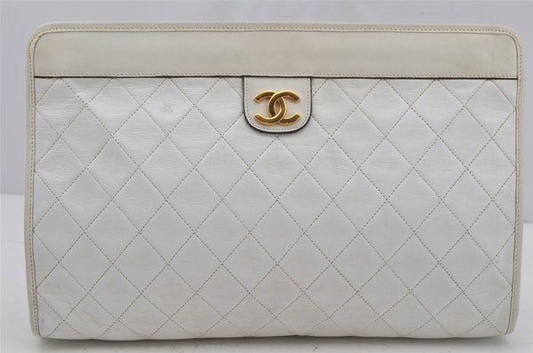 Authentic CHANEL Calf Skin Matelasse CoCo Mark Clutch Hand Bag Purse White 3010J