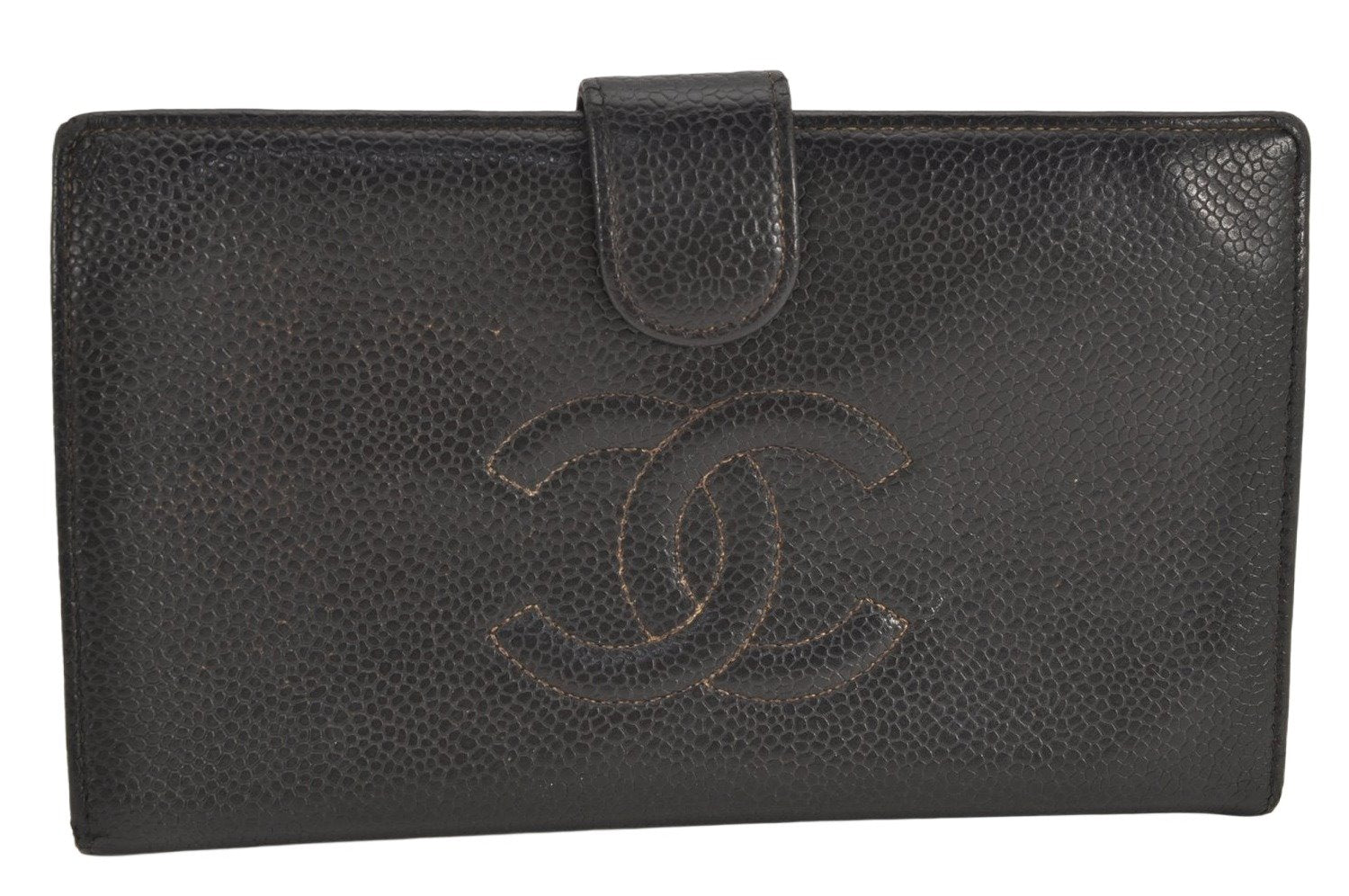 Authentic CHANEL Caviar Skin CC Logo Bifold Long Wallet Black Junk 3010K