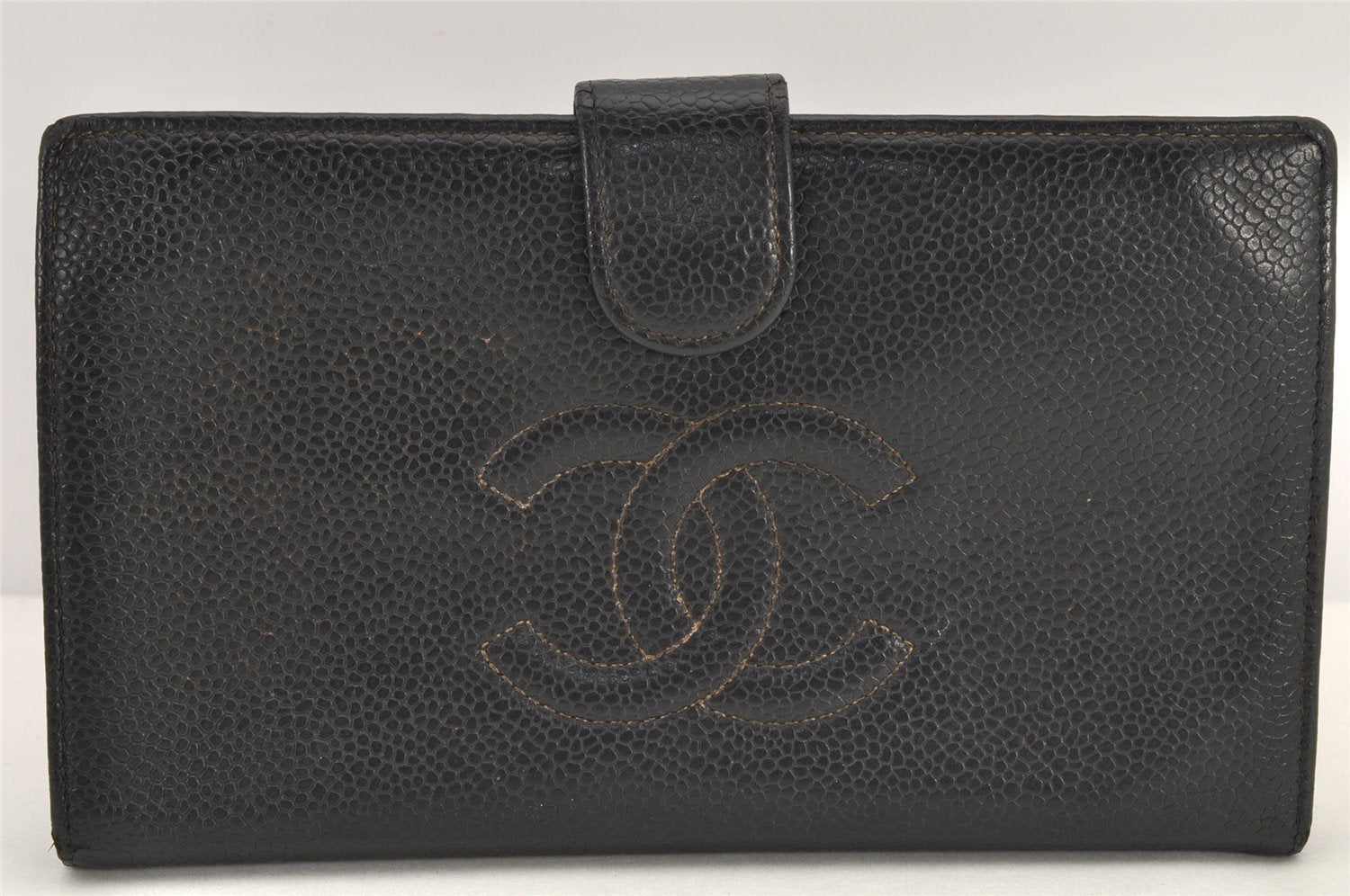 Authentic CHANEL Caviar Skin CC Logo Bifold Long Wallet Black Junk 3010K