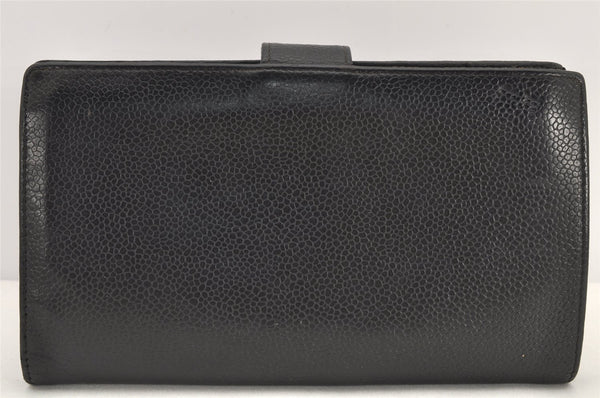 Authentic CHANEL Caviar Skin CC Logo Bifold Long Wallet Black Junk 3010K