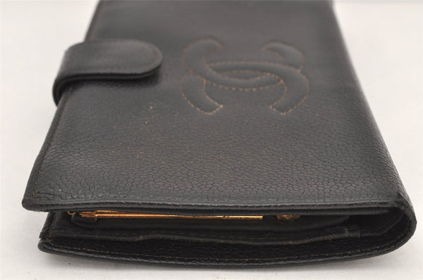 Authentic CHANEL Caviar Skin CC Logo Bifold Long Wallet Black Junk 3010K