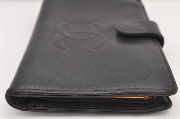 Authentic CHANEL Caviar Skin CC Logo Bifold Long Wallet Black Junk 3010K