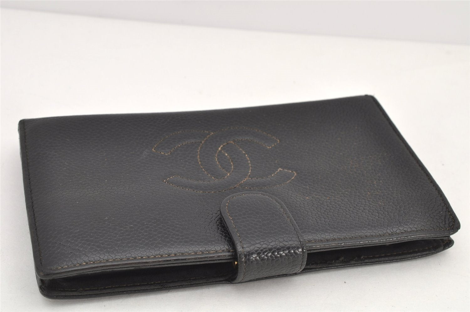 Authentic CHANEL Caviar Skin CC Logo Bifold Long Wallet Black Junk 3010K