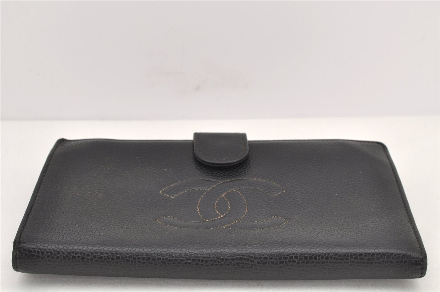 Authentic CHANEL Caviar Skin CC Logo Bifold Long Wallet Black Junk 3010K