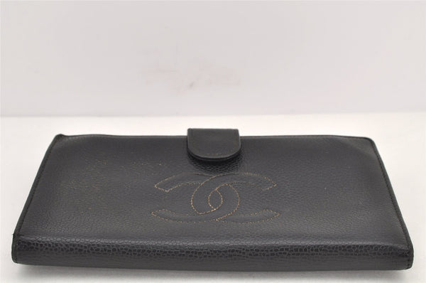 Authentic CHANEL Caviar Skin CC Logo Bifold Long Wallet Black Junk 3010K