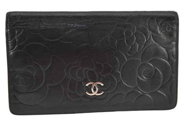 Authentic CHANEL Camellia Calf Skin CC Logo Bifold Long Wallet Purse Black 3011K