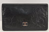 Authentic CHANEL Camellia Calf Skin CC Logo Bifold Long Wallet Purse Black 3011K