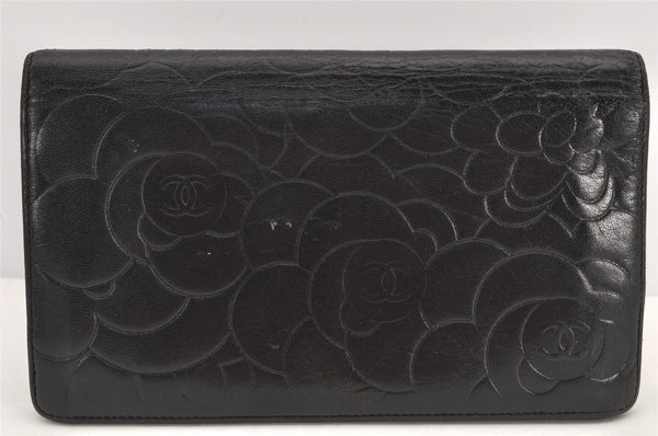 Authentic CHANEL Camellia Calf Skin CC Logo Bifold Long Wallet Purse Black 3011K