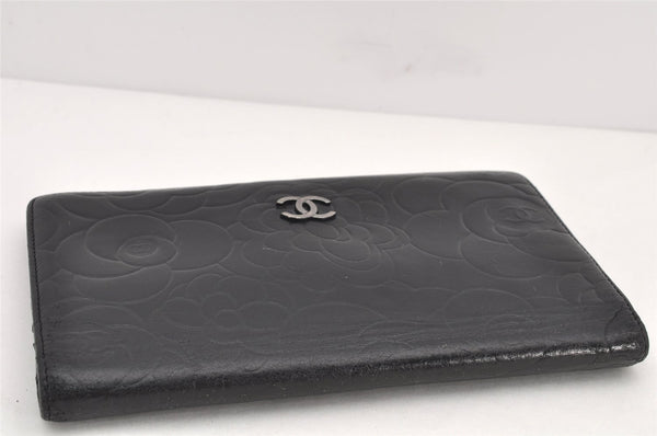 Authentic CHANEL Camellia Calf Skin CC Logo Bifold Long Wallet Purse Black 3011K